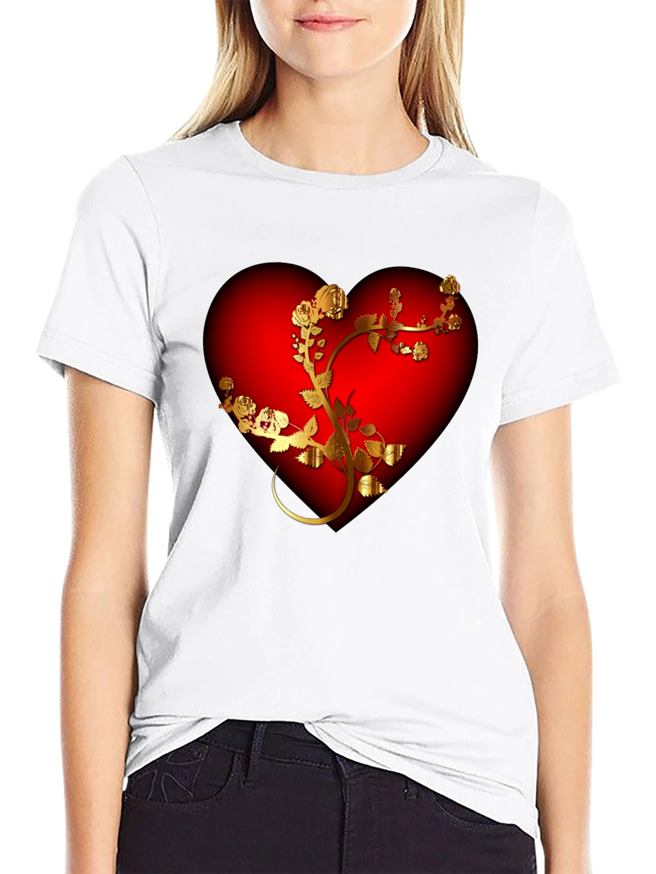 Romantic Heart & Rose T-Shirt - Black