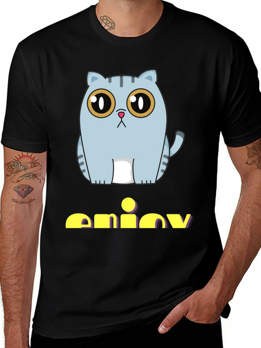 Cute Cat Graphic Print Black T-Shirt