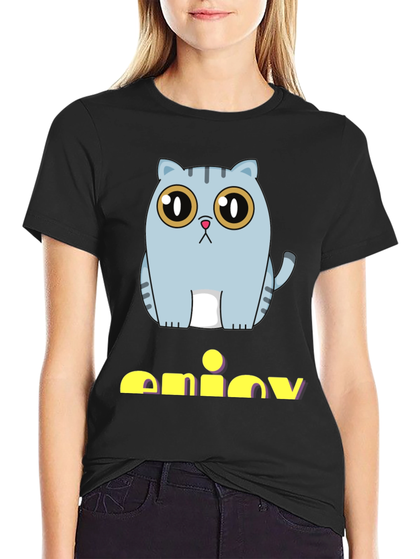 Cute Cat Graphic Print Black T-Shirt