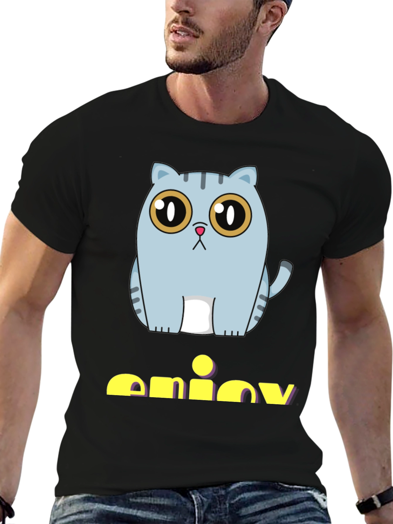 Cute Cat Graphic Print Black T-Shirt