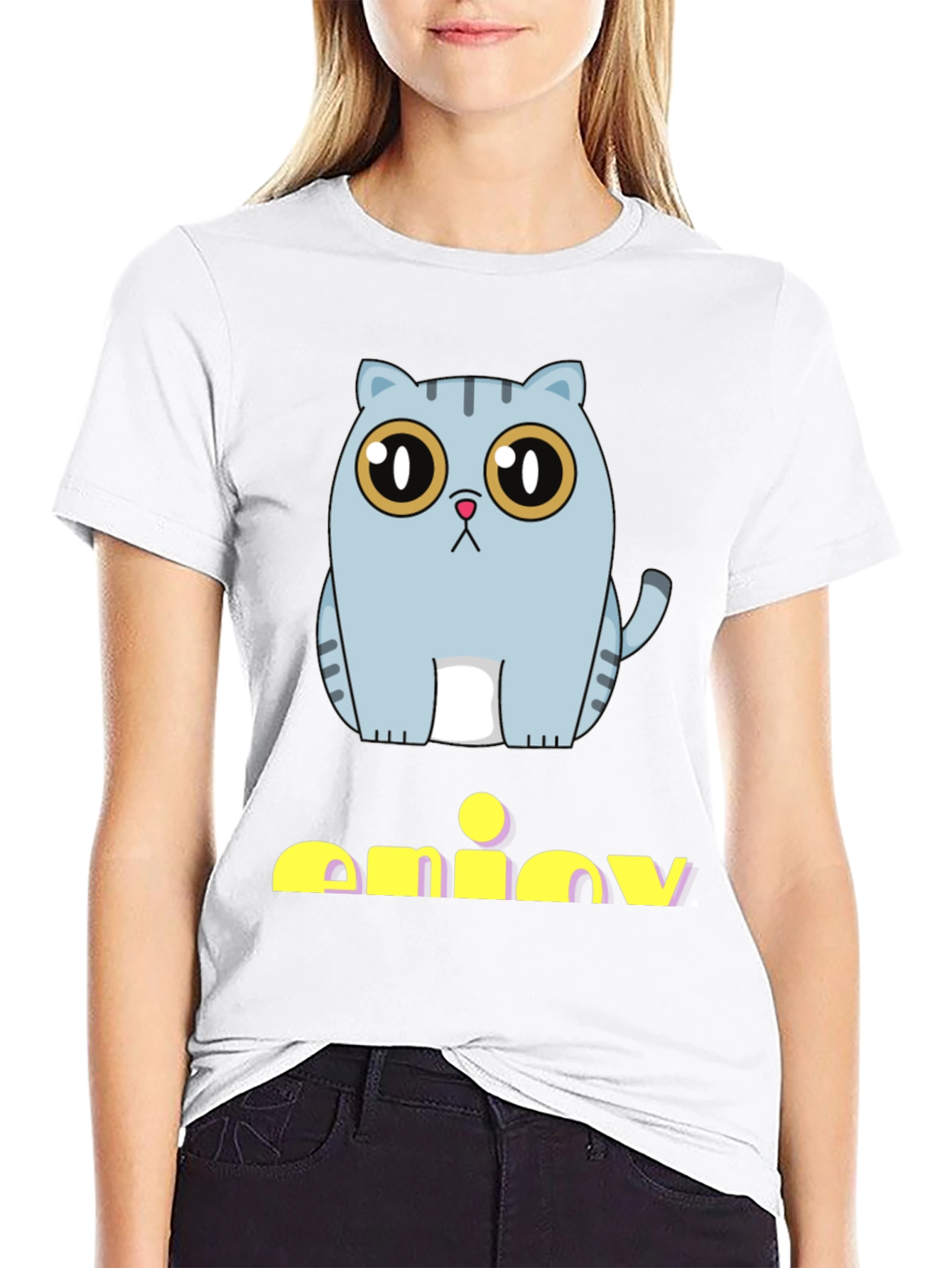 Cute Cat Graphic Print Black T-Shirt