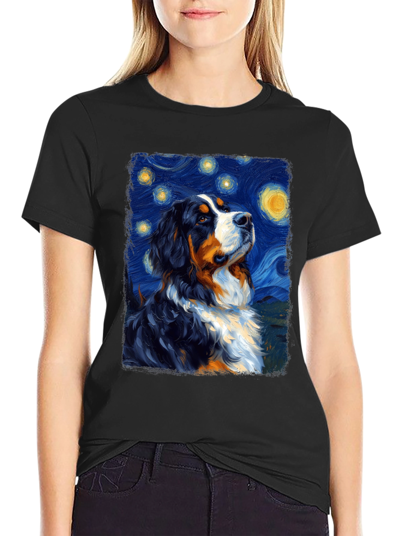 Starry Night Dog T-Shirt - Bernese Mountain Dog Art