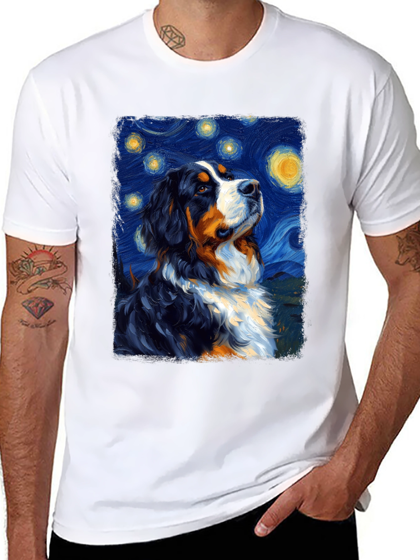 Starry Night Dog T-Shirt - Bernese Mountain Dog Art