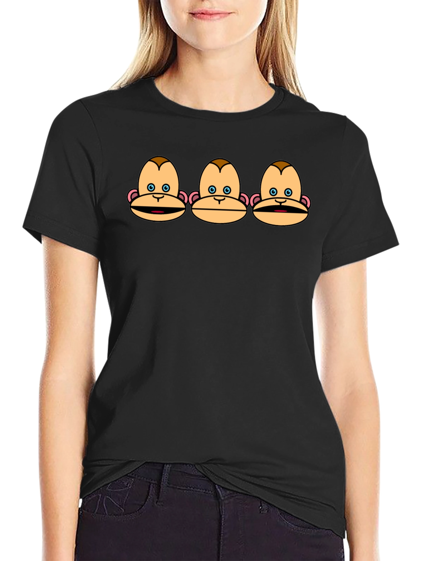 Funny Monkey Faces Graphic Black T-Shirt