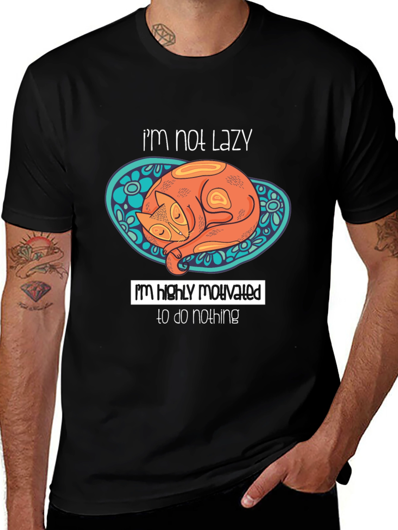 Lazy Cat Graphic T-Shirt - Humorous Mens Tee