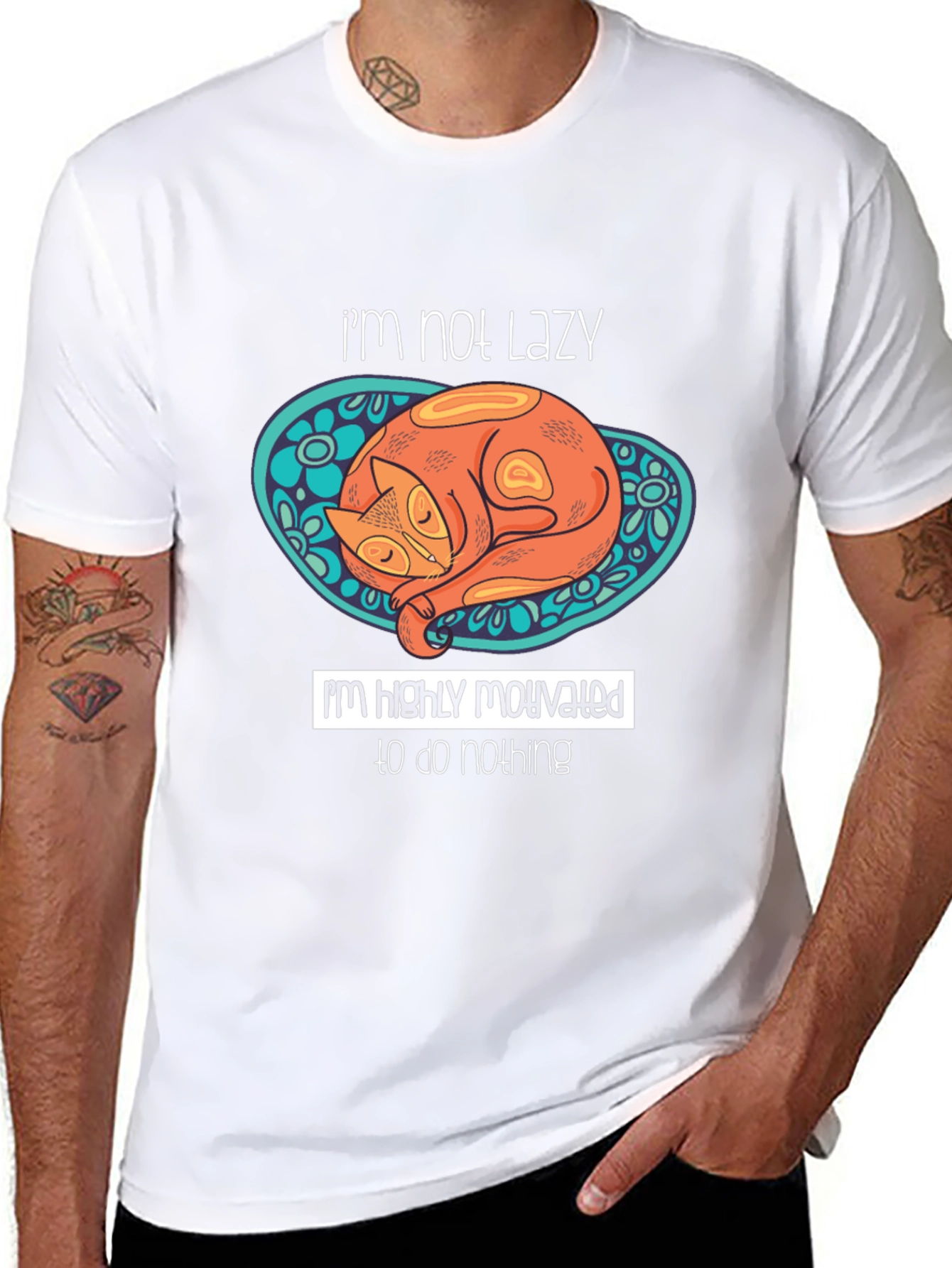 Lazy Cat Graphic T-Shirt - Humorous Mens Tee