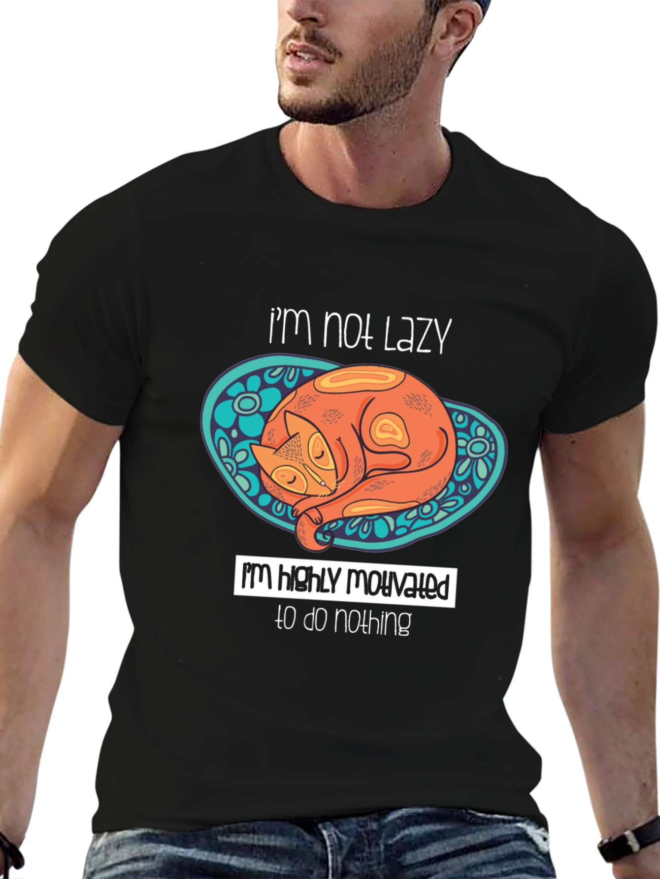 Lazy Cat Graphic T-Shirt - Humorous Mens Tee