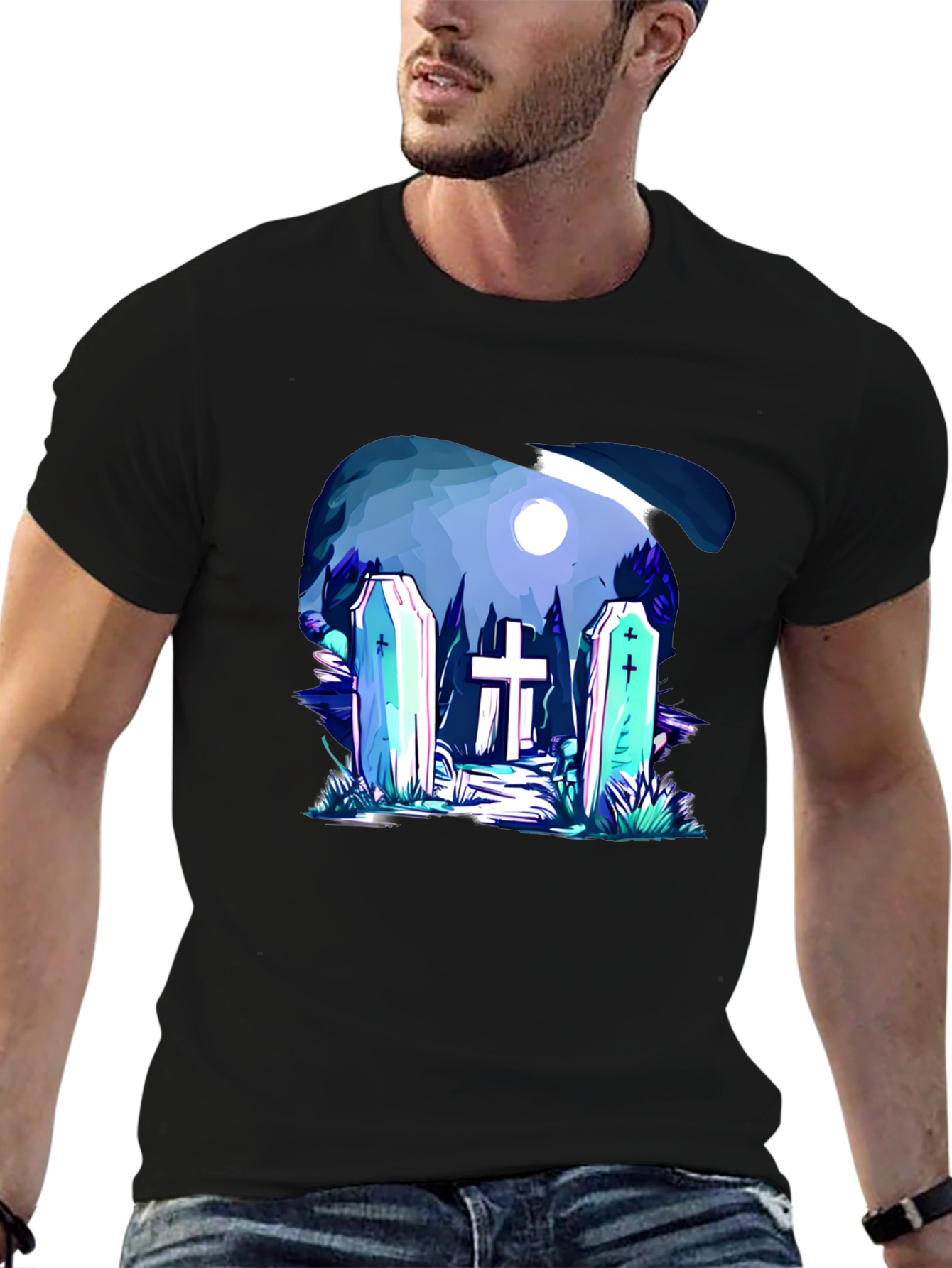Cemetery Graphic Print Black T-Shirt