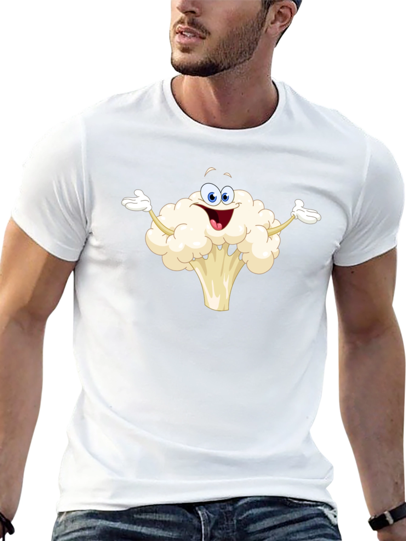 Funny Cauliflower Cartoon Black T-Shirt