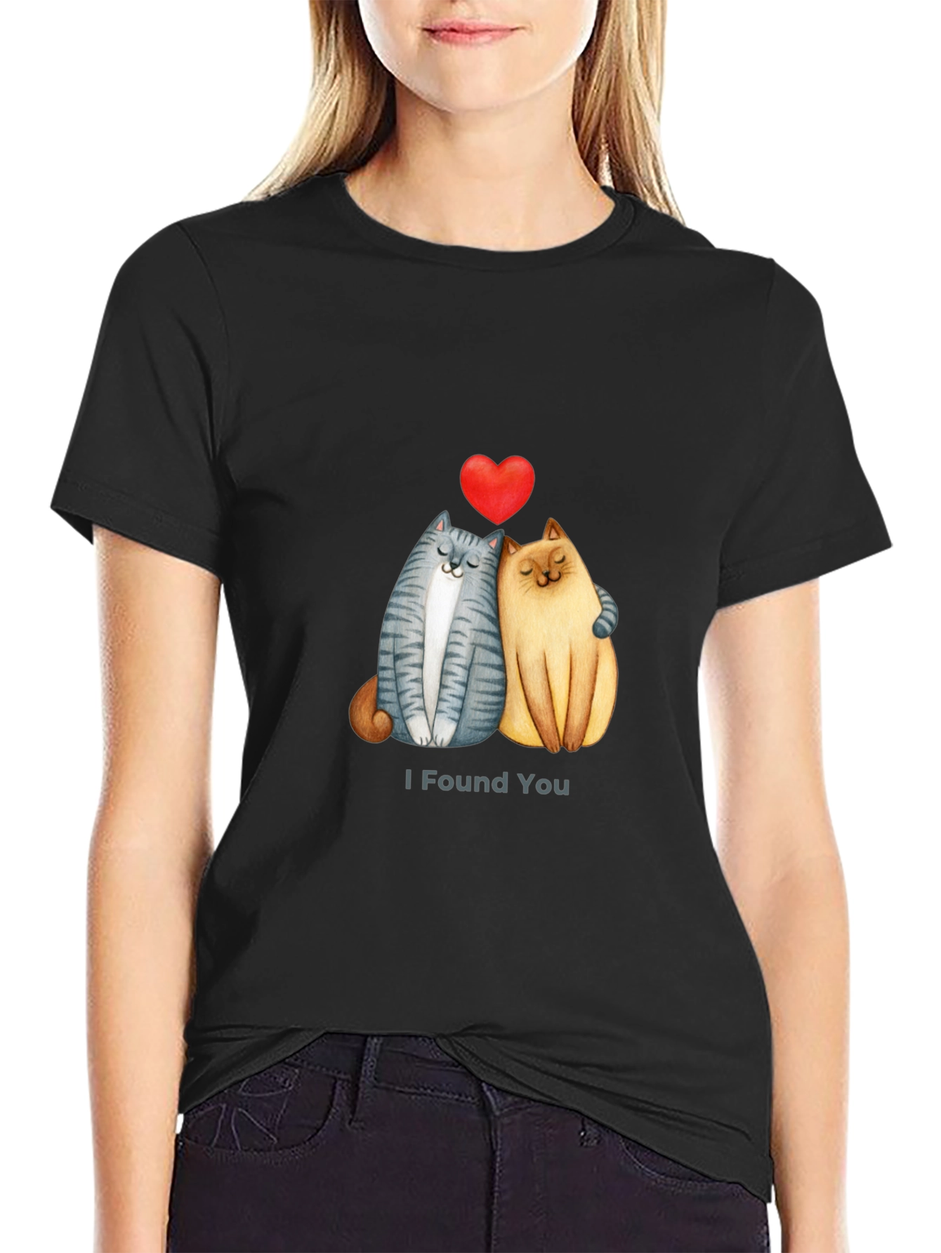 Cute Cats I Found You Valentines Day Black T-Shirt