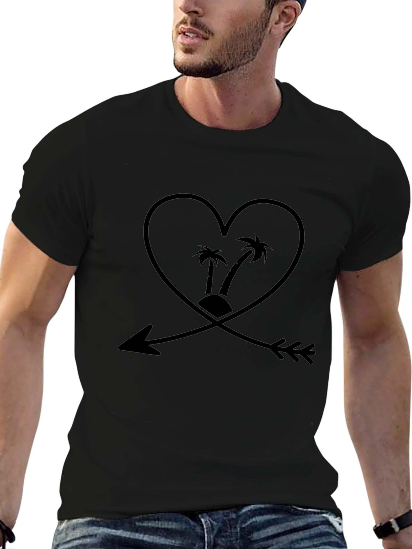 Black T-Shirt with Heart and Arrow Palm Tree Graphic