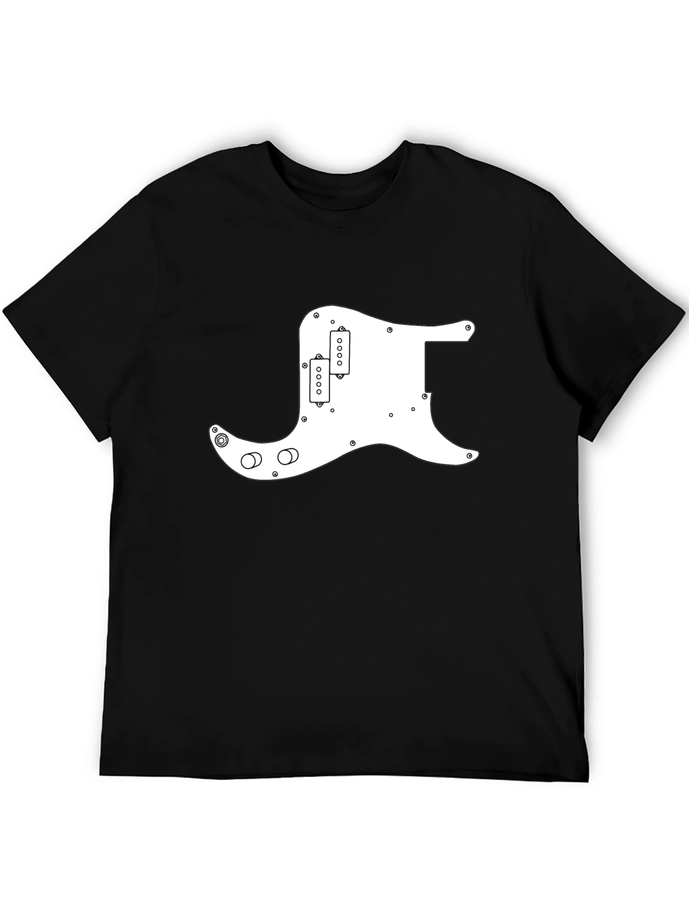 Black T-Shirt with White Guitar Pickguard Graphic