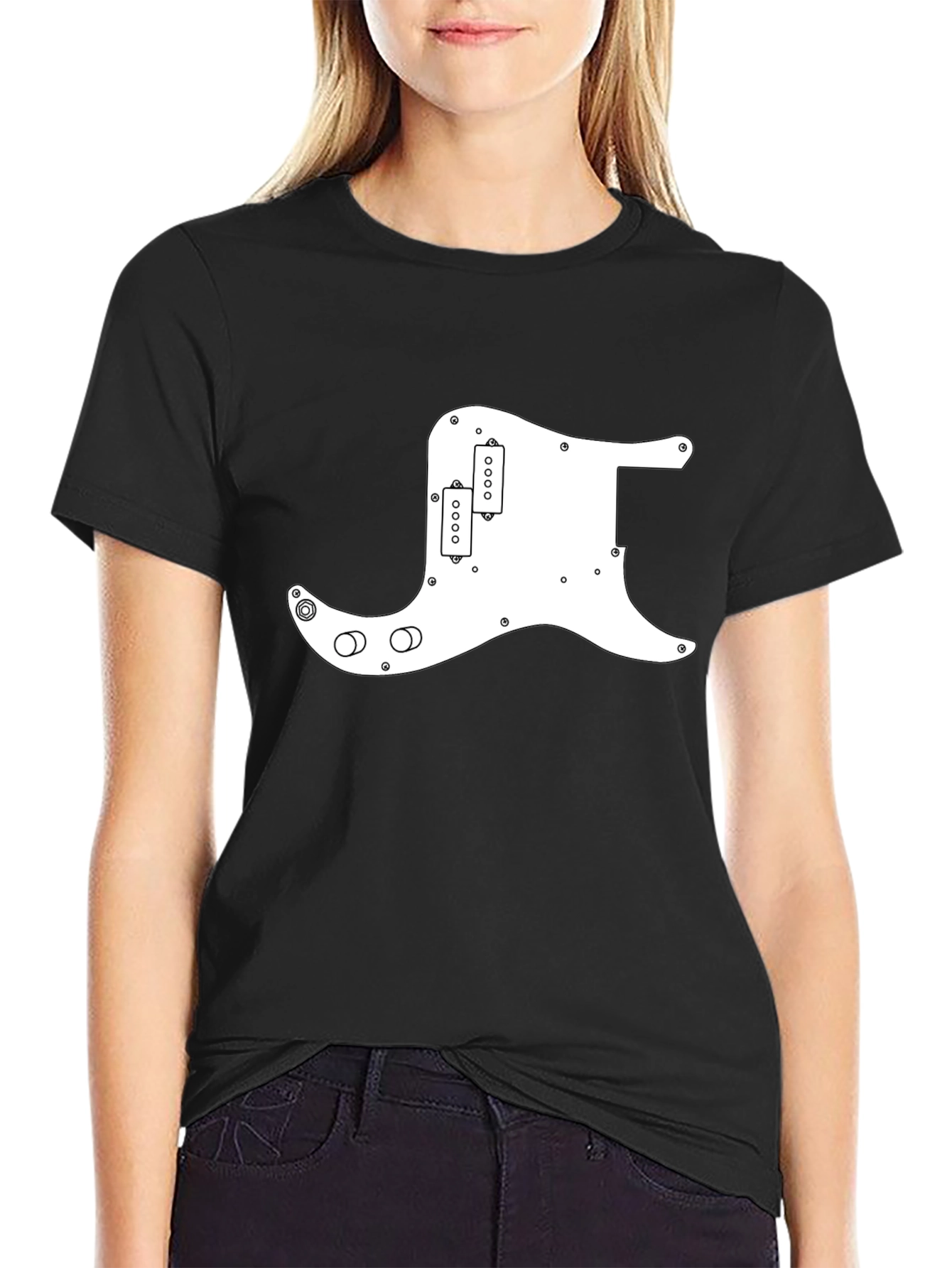 Black T-Shirt with White Guitar Pickguard Graphic
