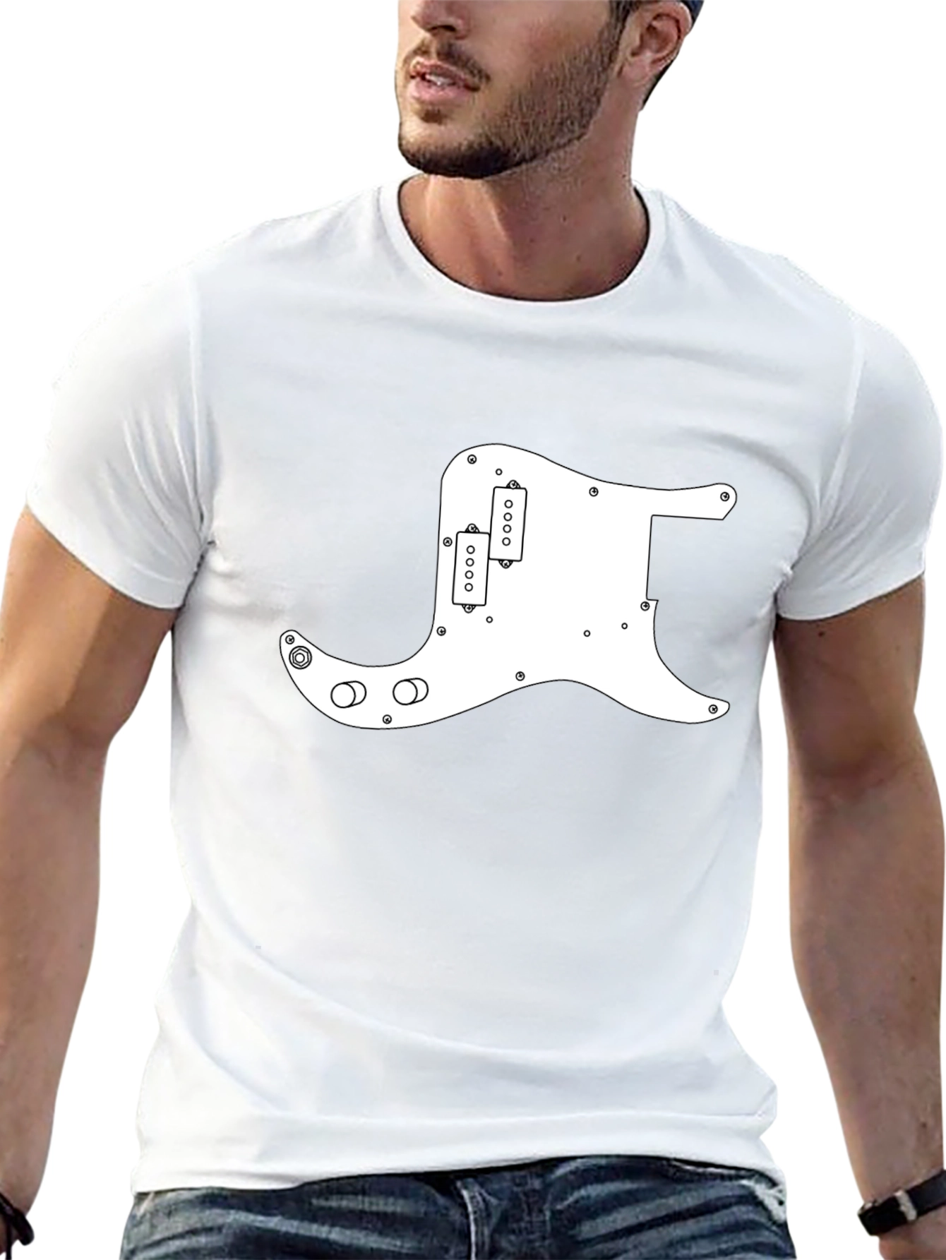 Black T-Shirt with White Guitar Pickguard Graphic