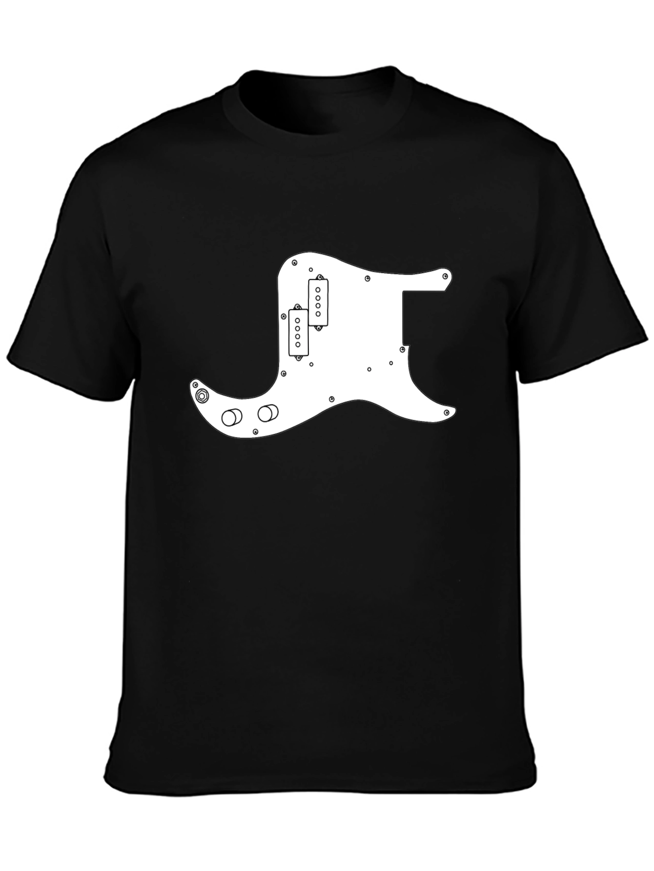 Black T-Shirt with White Guitar Pickguard Graphic
