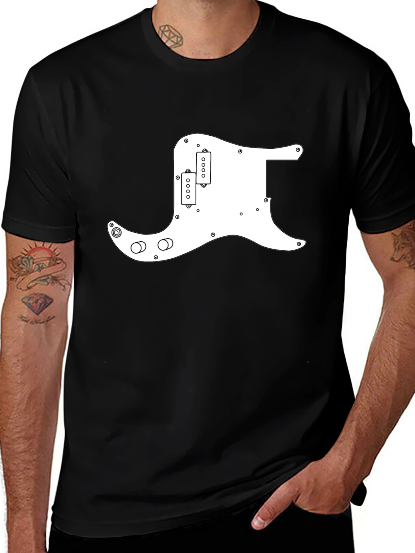 Black T-Shirt with White Guitar Pickguard Graphic