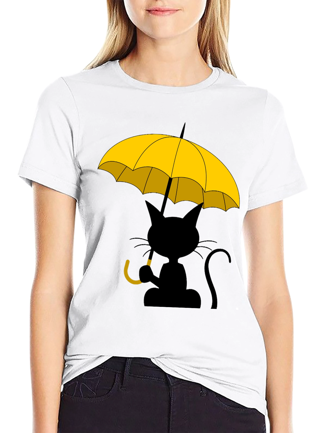 Cat Under Yellow Umbrella Graphic Tee