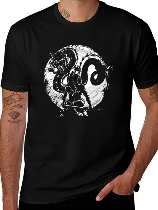 Dragon & Warrior Graphic Tee - Black Cotton Blend