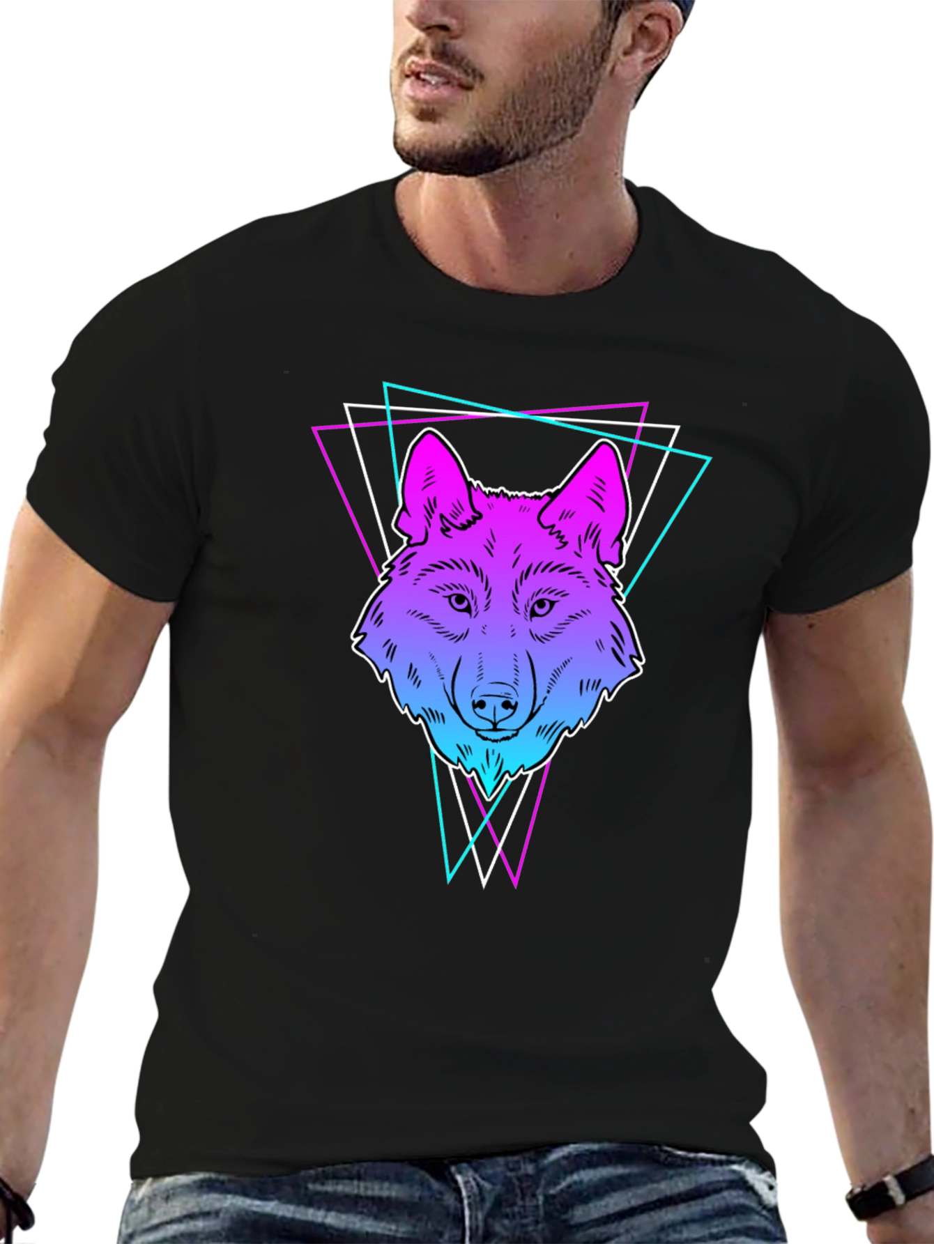 Neon Wolf Graphic Print T-Shirt - Black