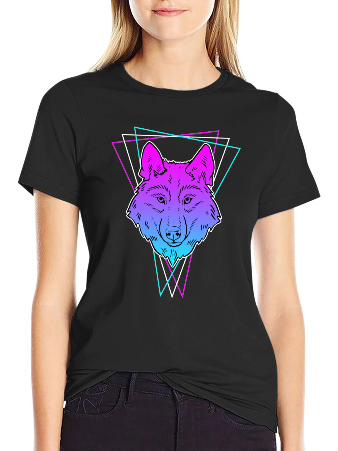 Neon Wolf Graphic Print T-Shirt - Black