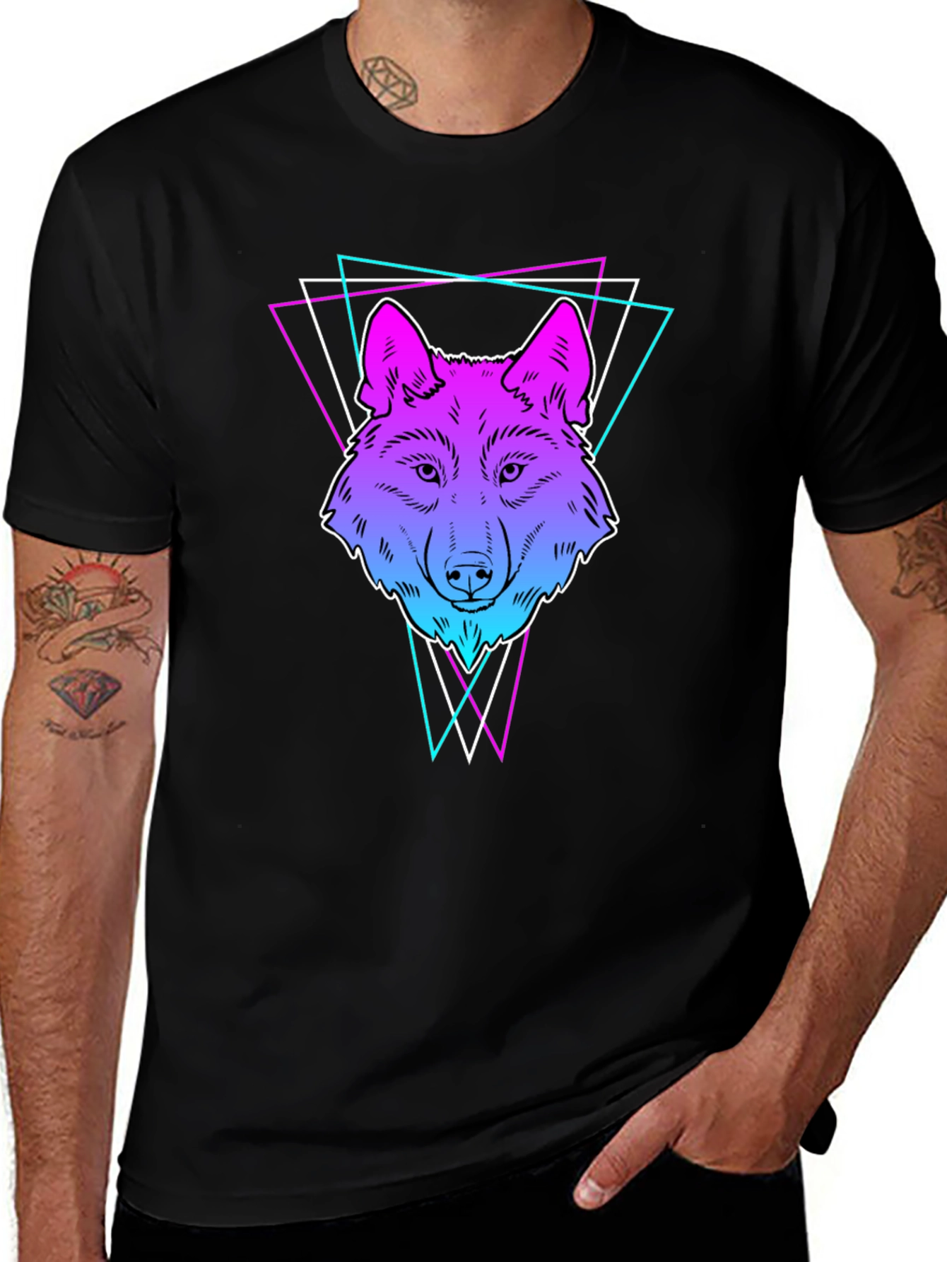 Neon Wolf Graphic Print T-Shirt - Black