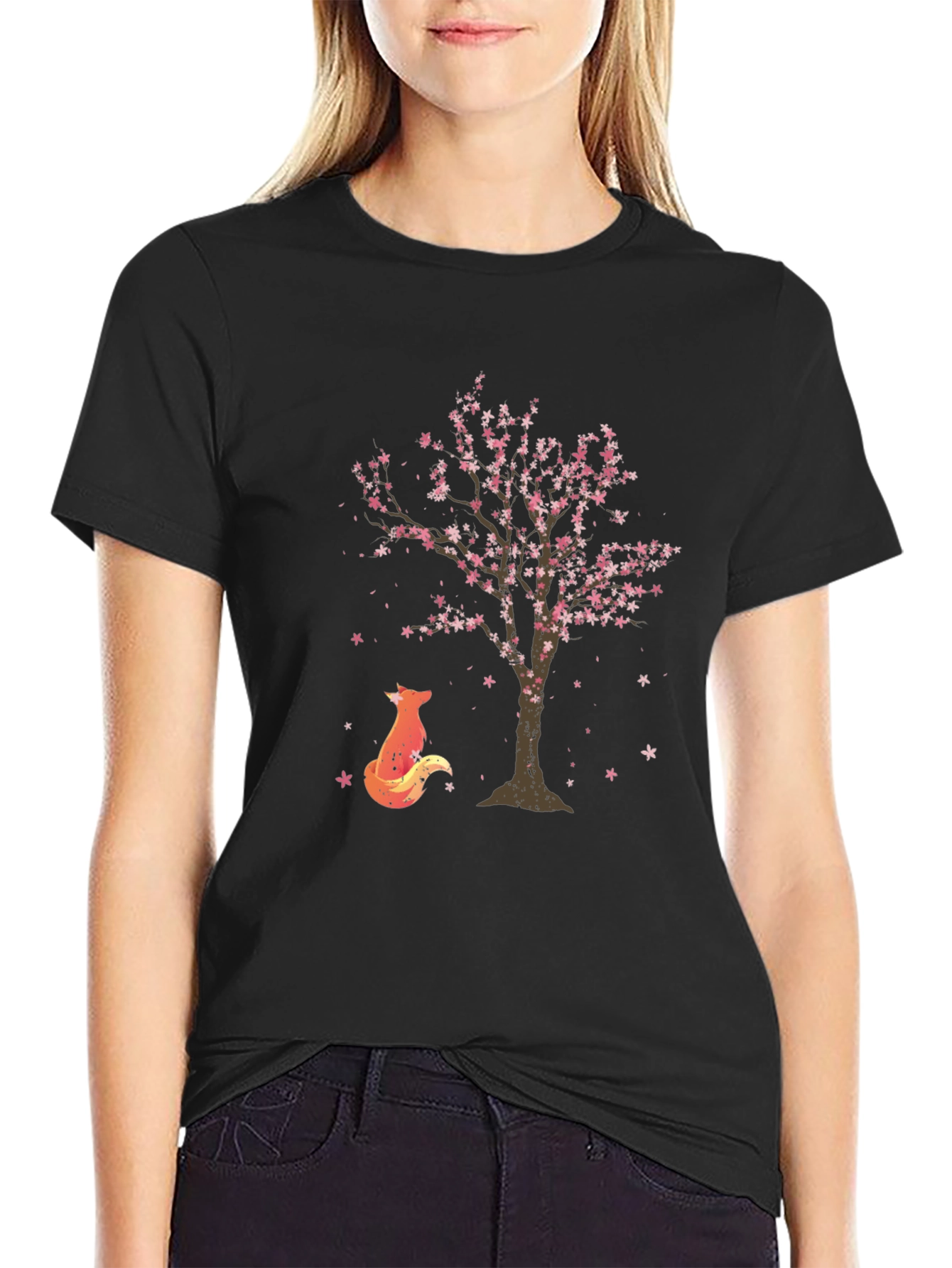 Fox & Sakura Tree Graphic Black T-Shirt