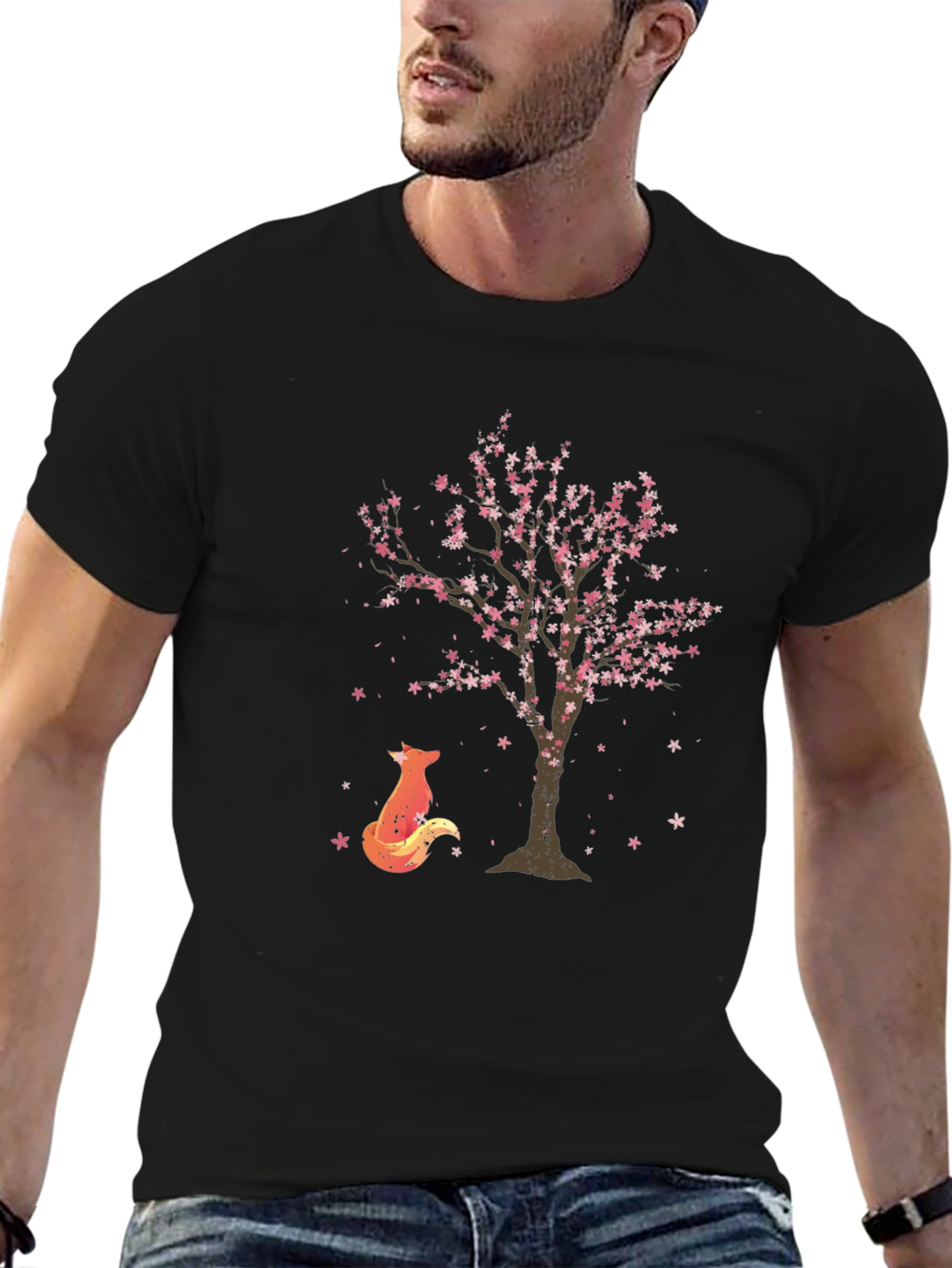 Fox & Sakura Tree Graphic Black T-Shirt