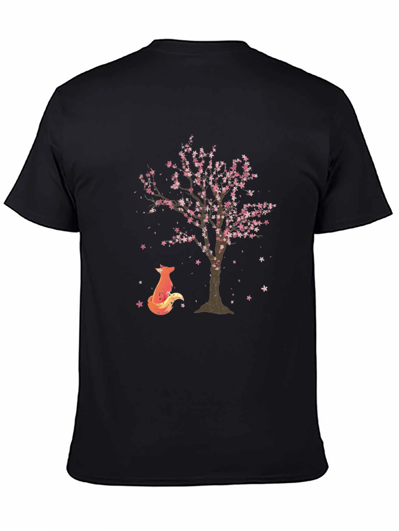 Fox & Sakura Tree Graphic Black T-Shirt