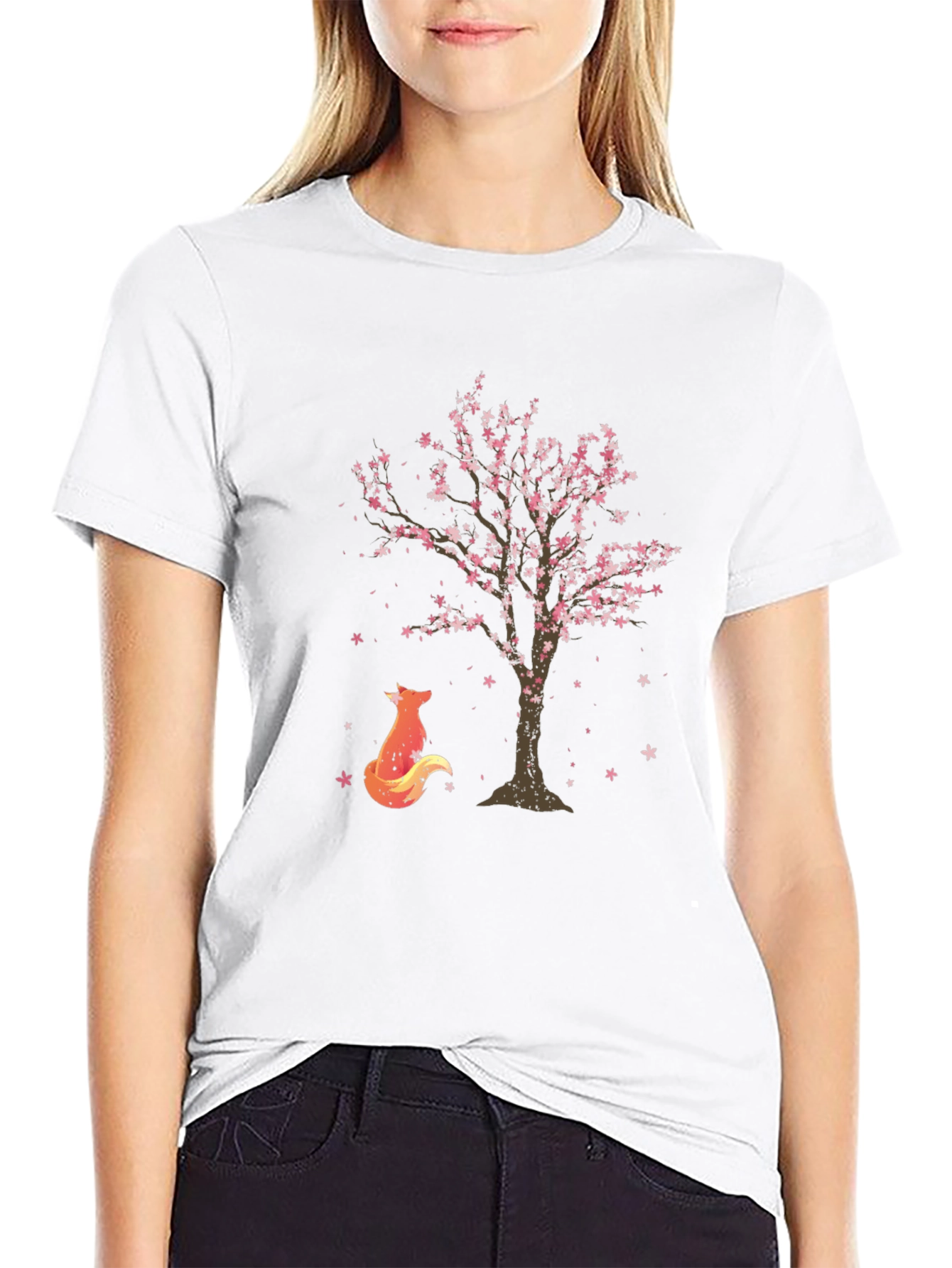 Fox & Sakura Tree Graphic Black T-Shirt