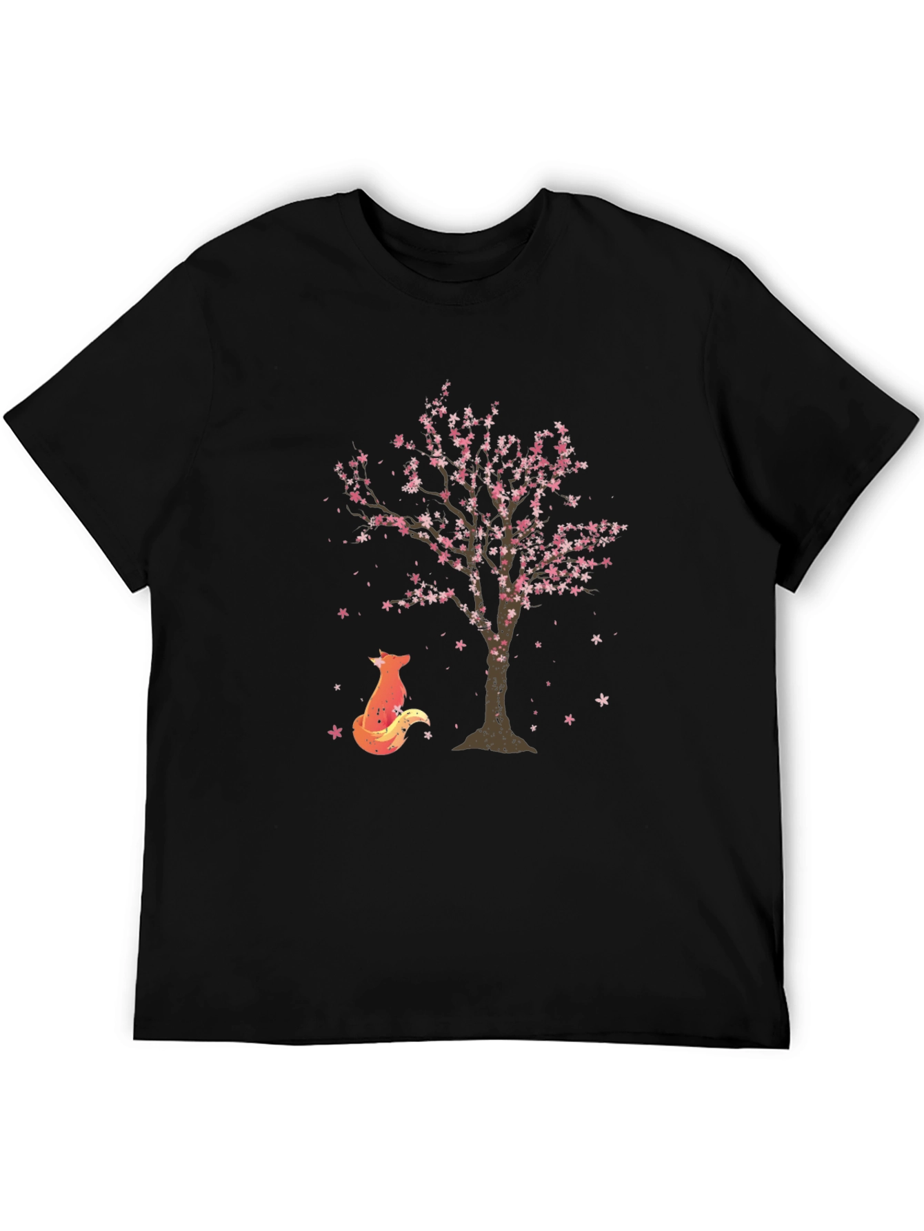 Fox & Sakura Tree Graphic Black T-Shirt
