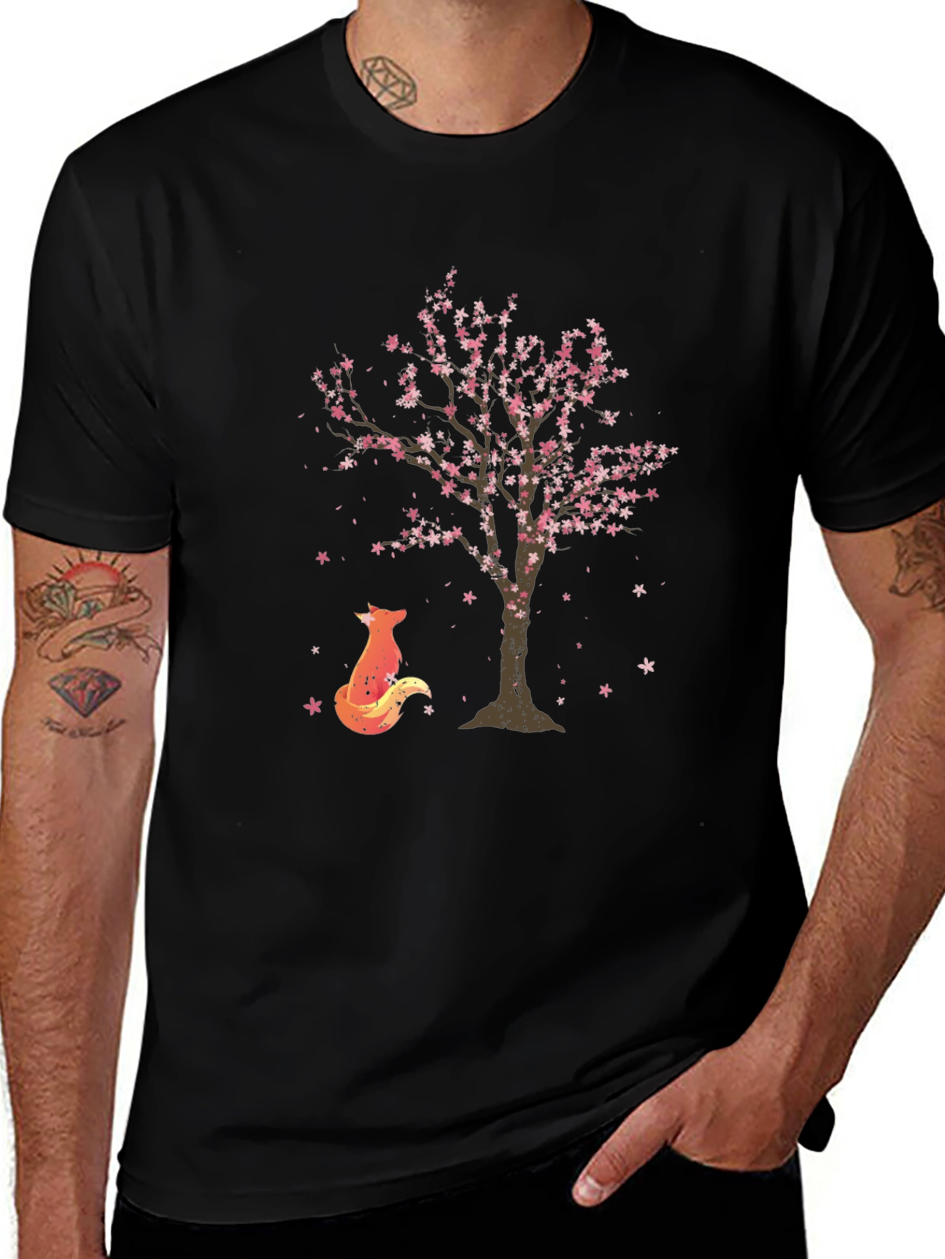 Fox & Sakura Tree Graphic Black T-Shirt