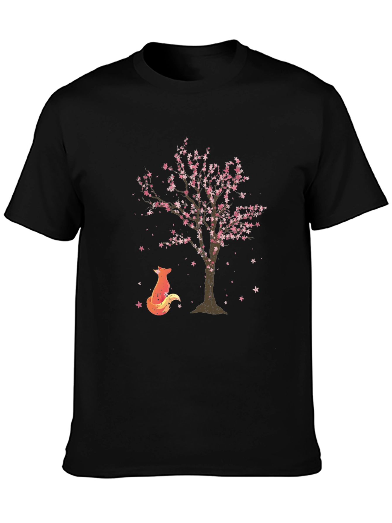 Fox & Sakura Tree Graphic Black T-Shirt