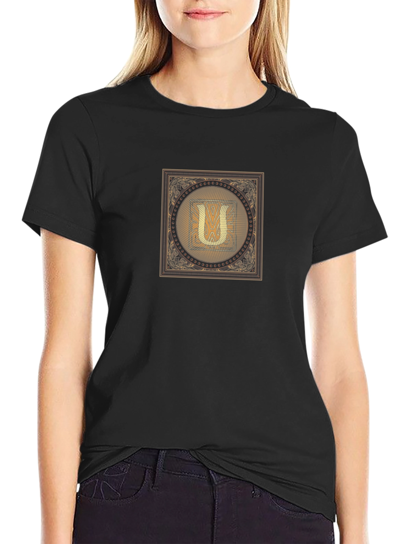 Black T-Shirt with Letter U Design
