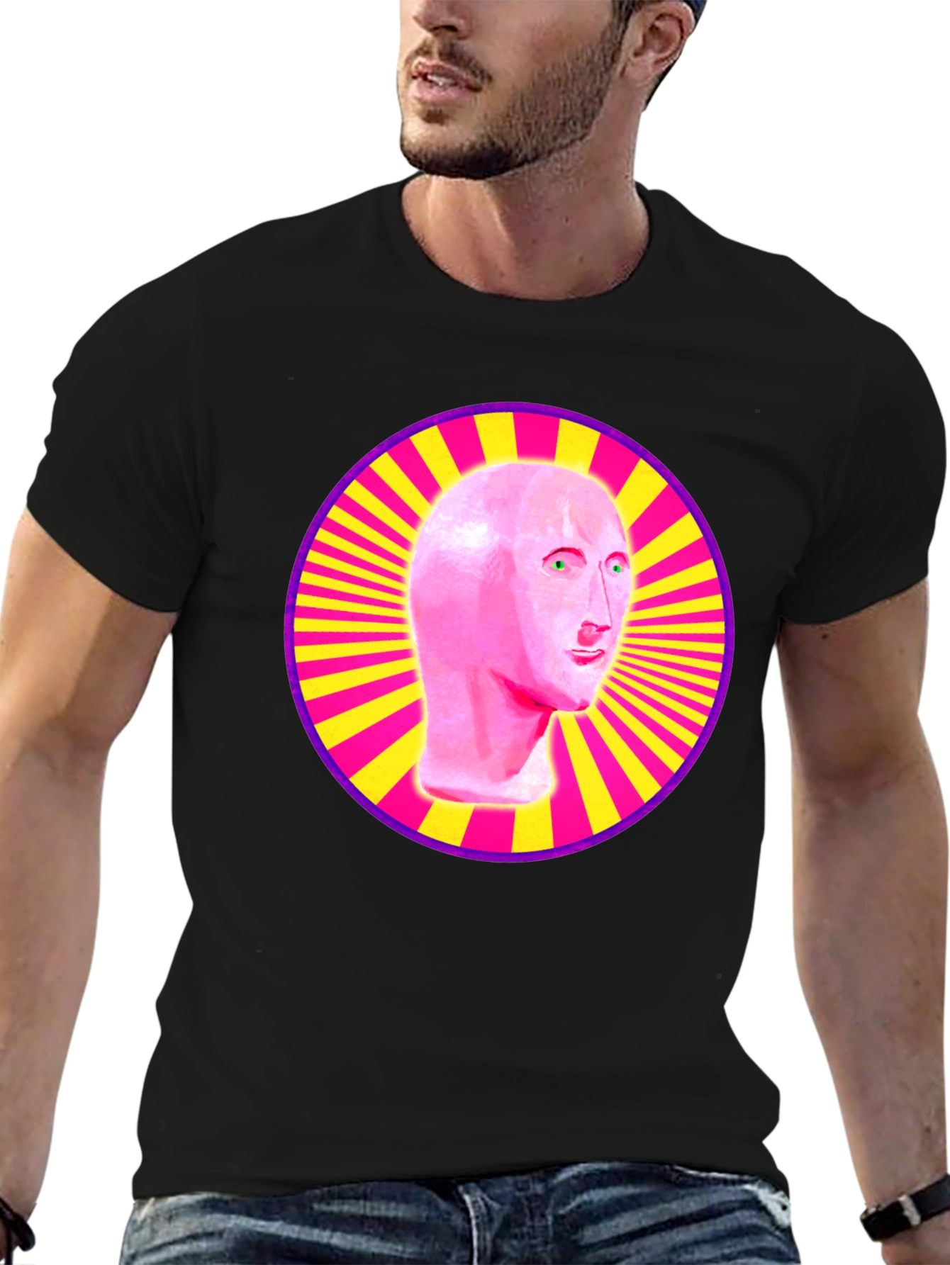 Meme Man Head in Circle Graphic Tee - Black