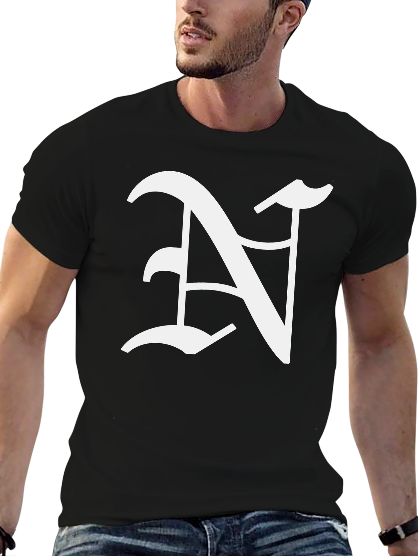 Black T-Shirt with White Letter N Graphic