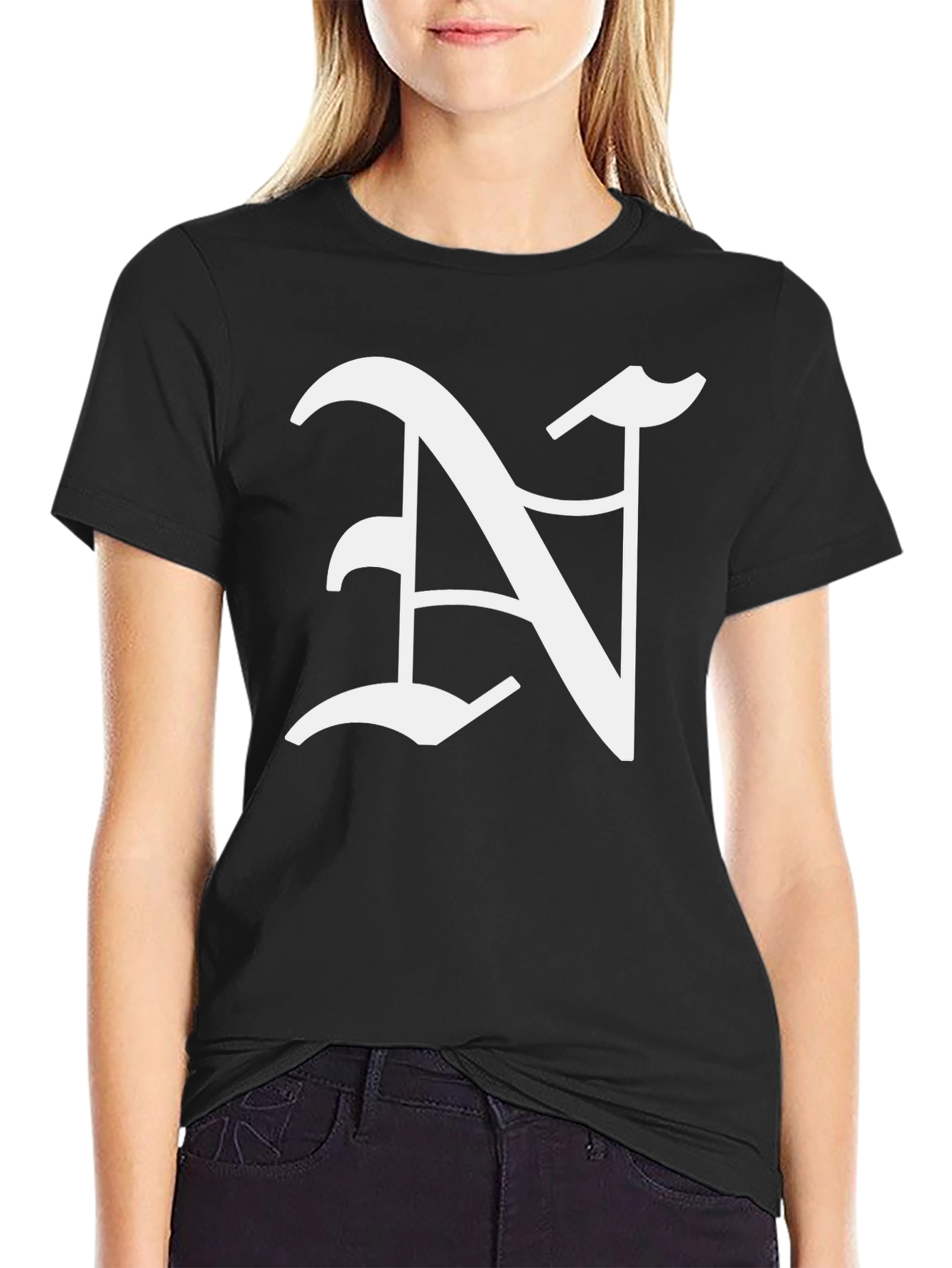 Black T-Shirt with White Letter N Graphic
