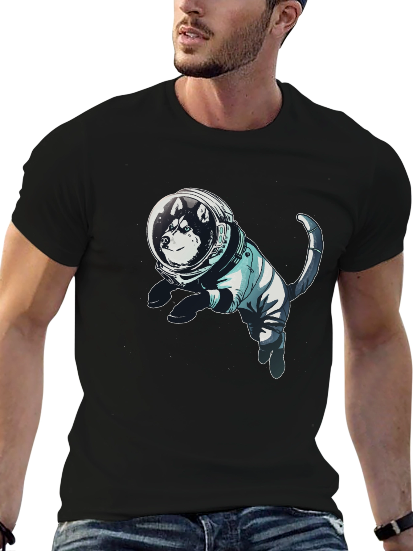 Husky Astronaut Graphic Tee - Unisex Black T-Shirt