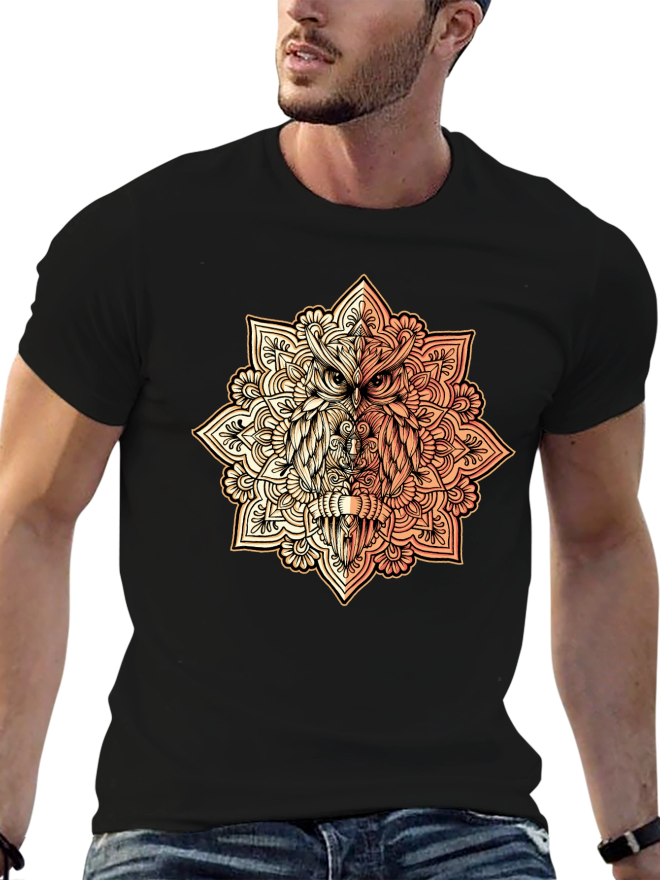 Owl Mandala Graphic Tee - Black Cotton Shirt
