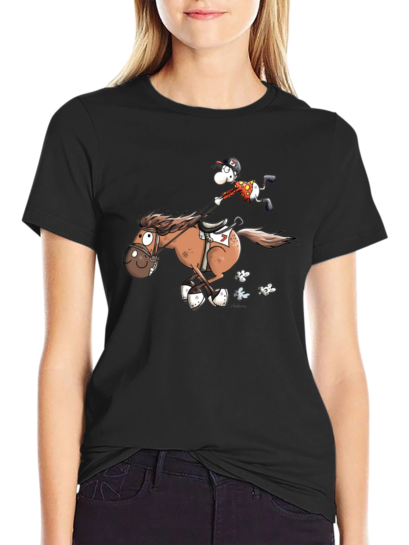 Cartoon Horse Riding Black T-Shirt