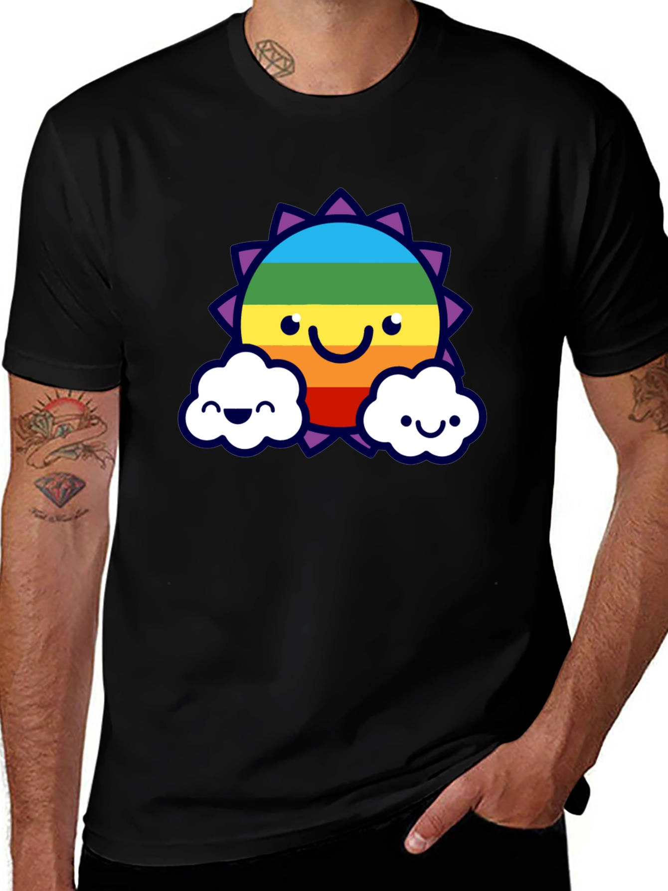 Rainbow Sun & Cloud Graphic T-Shirt - Black
