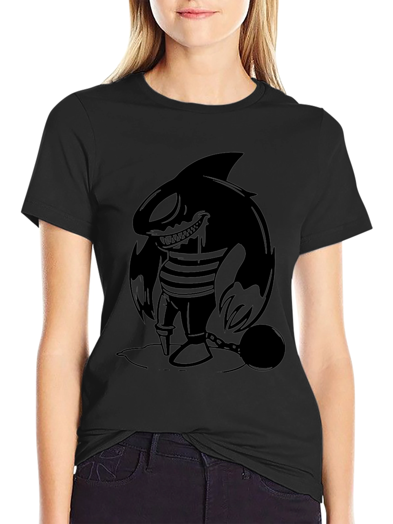 Mens Black Shark Cartoon Graphic T-Shirt