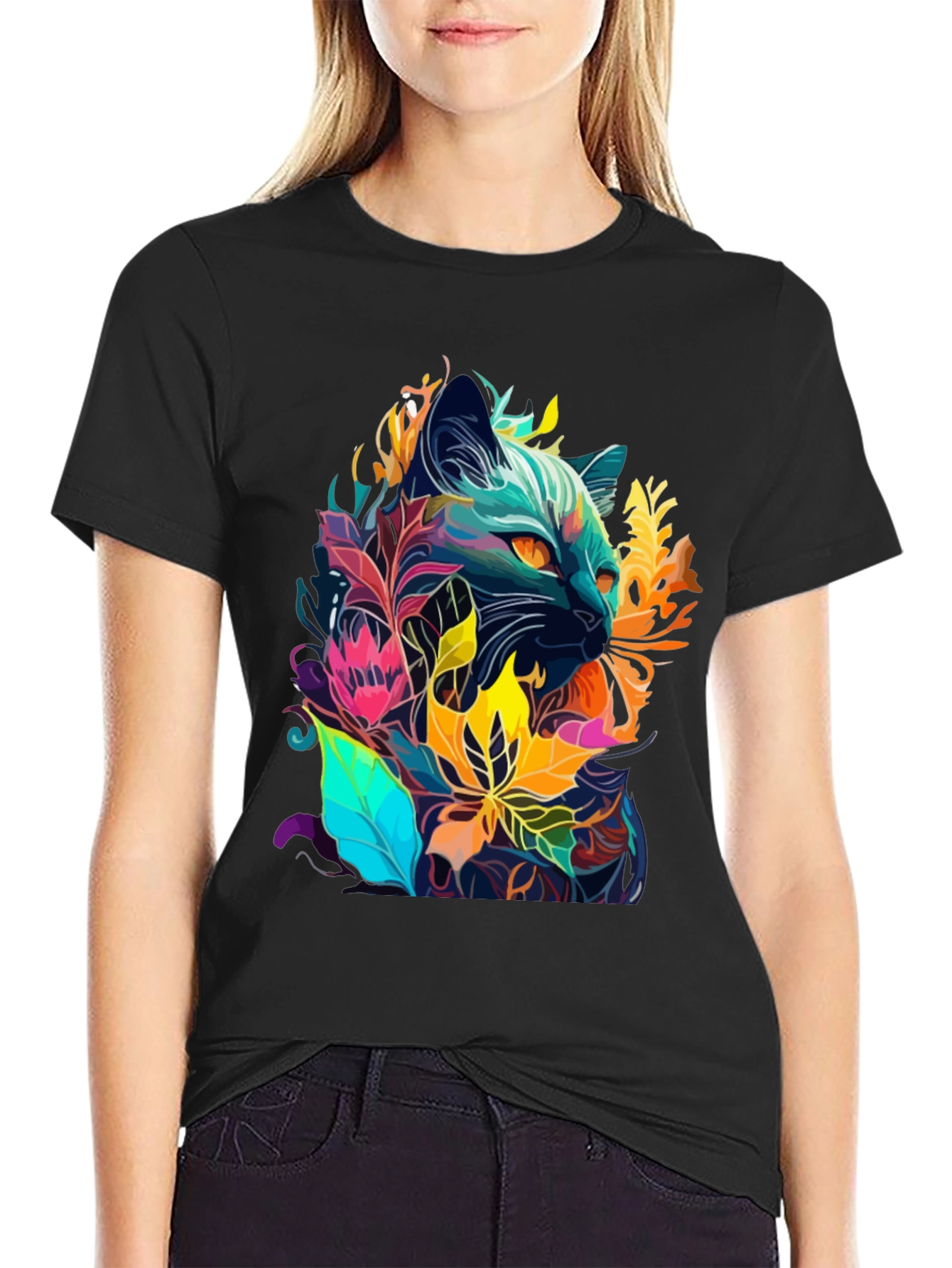 Floral Cat T-Shirt - Unique Artistic Design