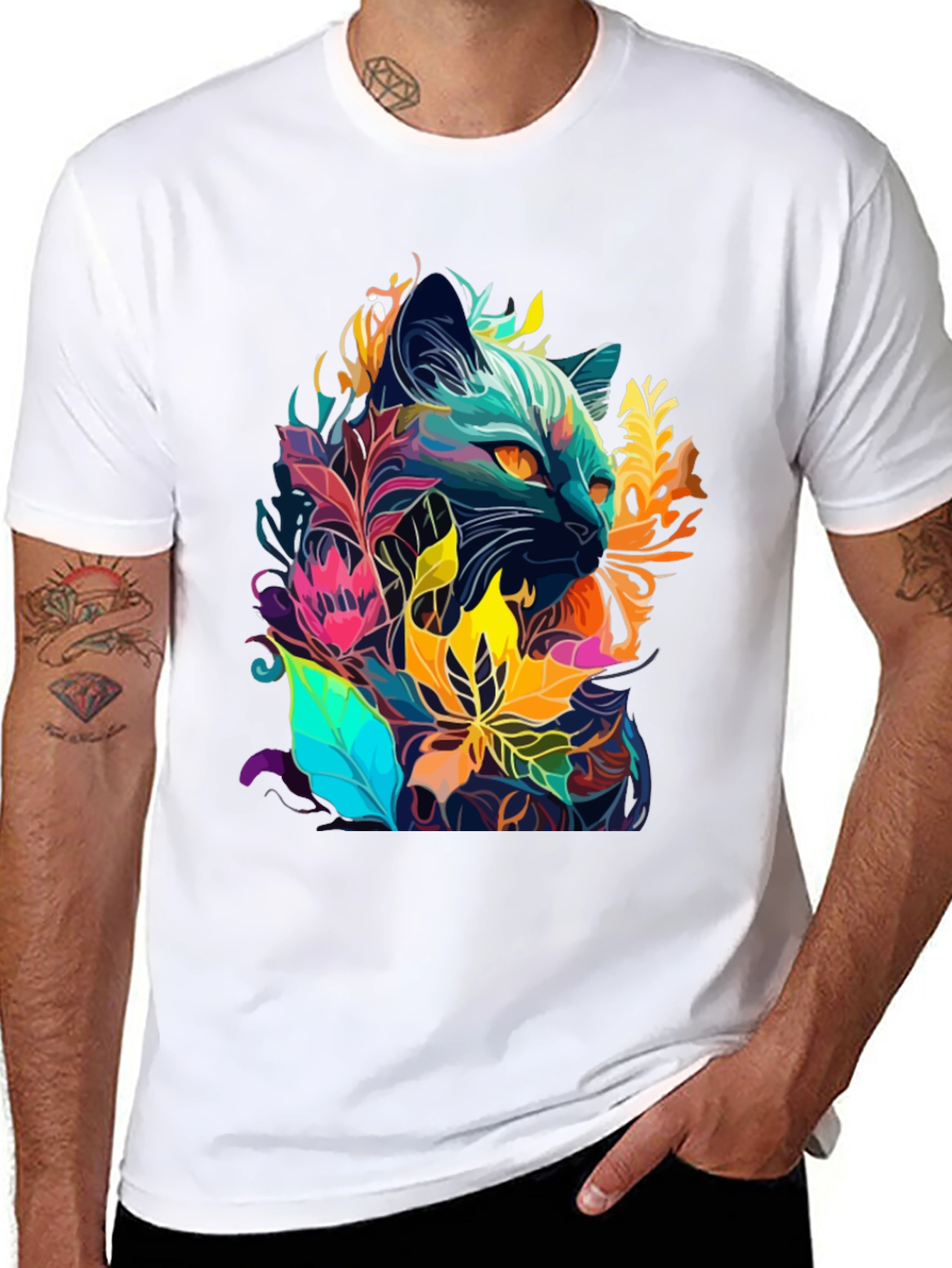 Floral Cat T-Shirt - Unique Artistic Design