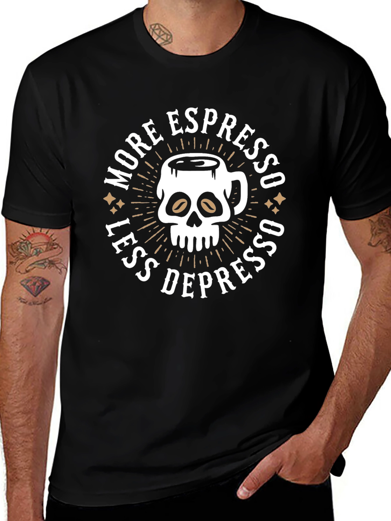 More Espresso Less Depresso Skull Coffee Graphic Tee