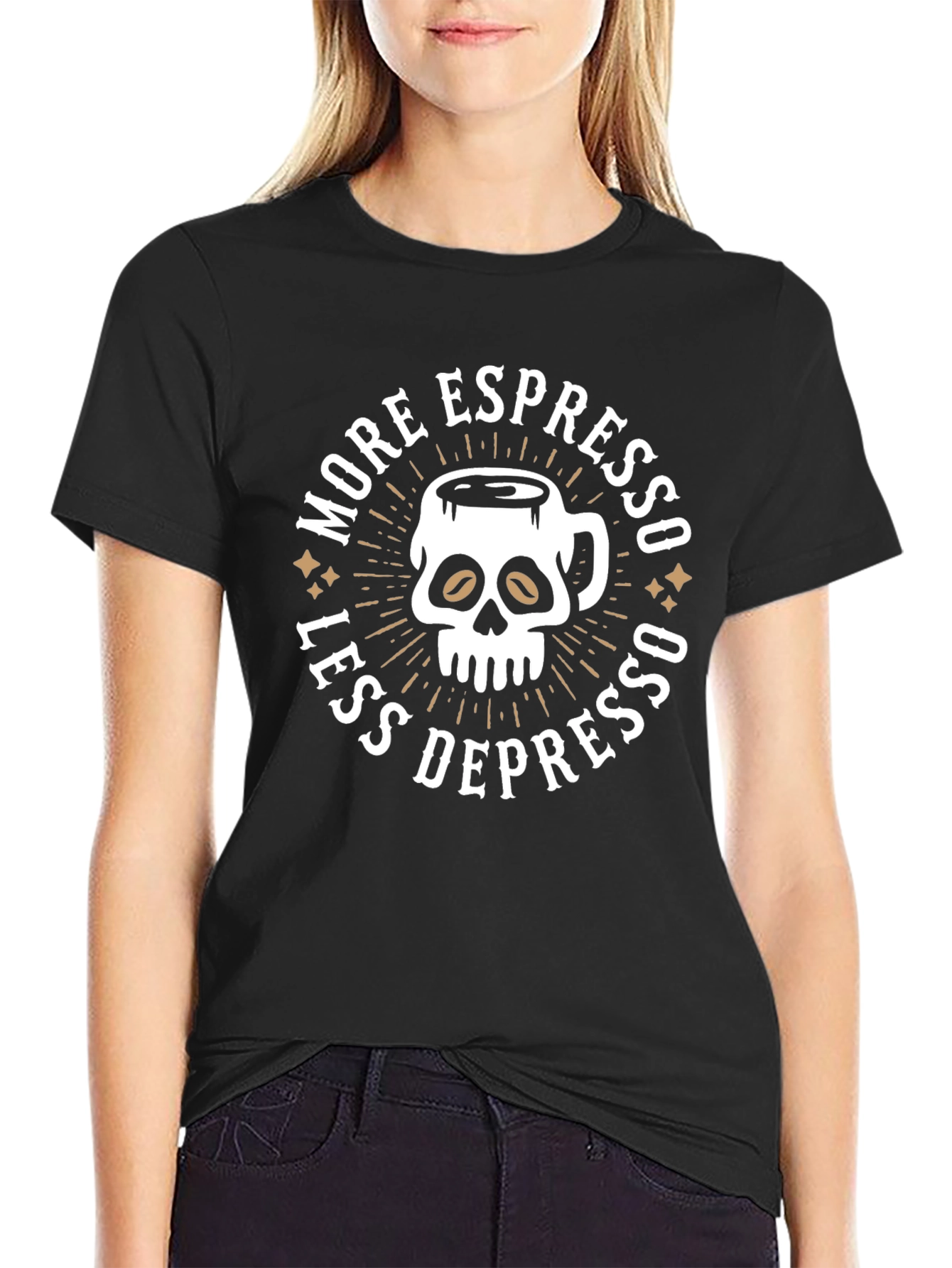 More Espresso Less Depresso Skull Coffee Graphic Tee