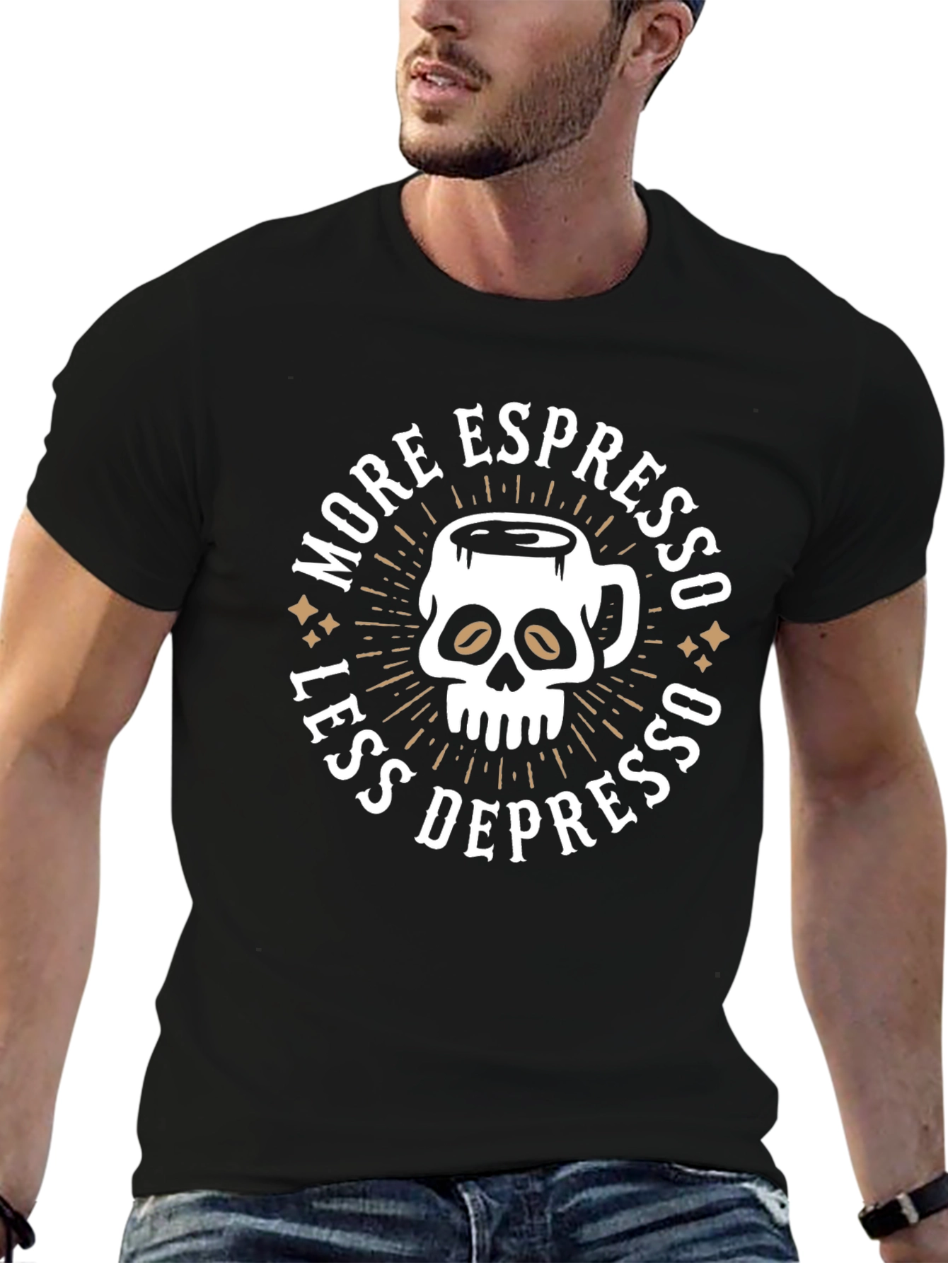 More Espresso Less Depresso Skull Coffee Graphic Tee