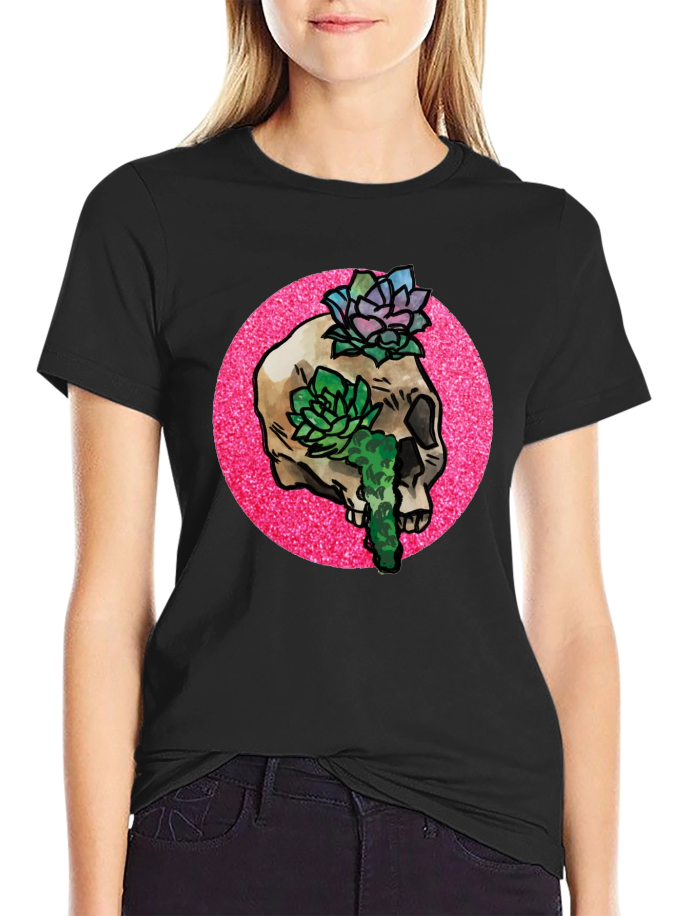 Skull and Succulent Graphic Tee - Black