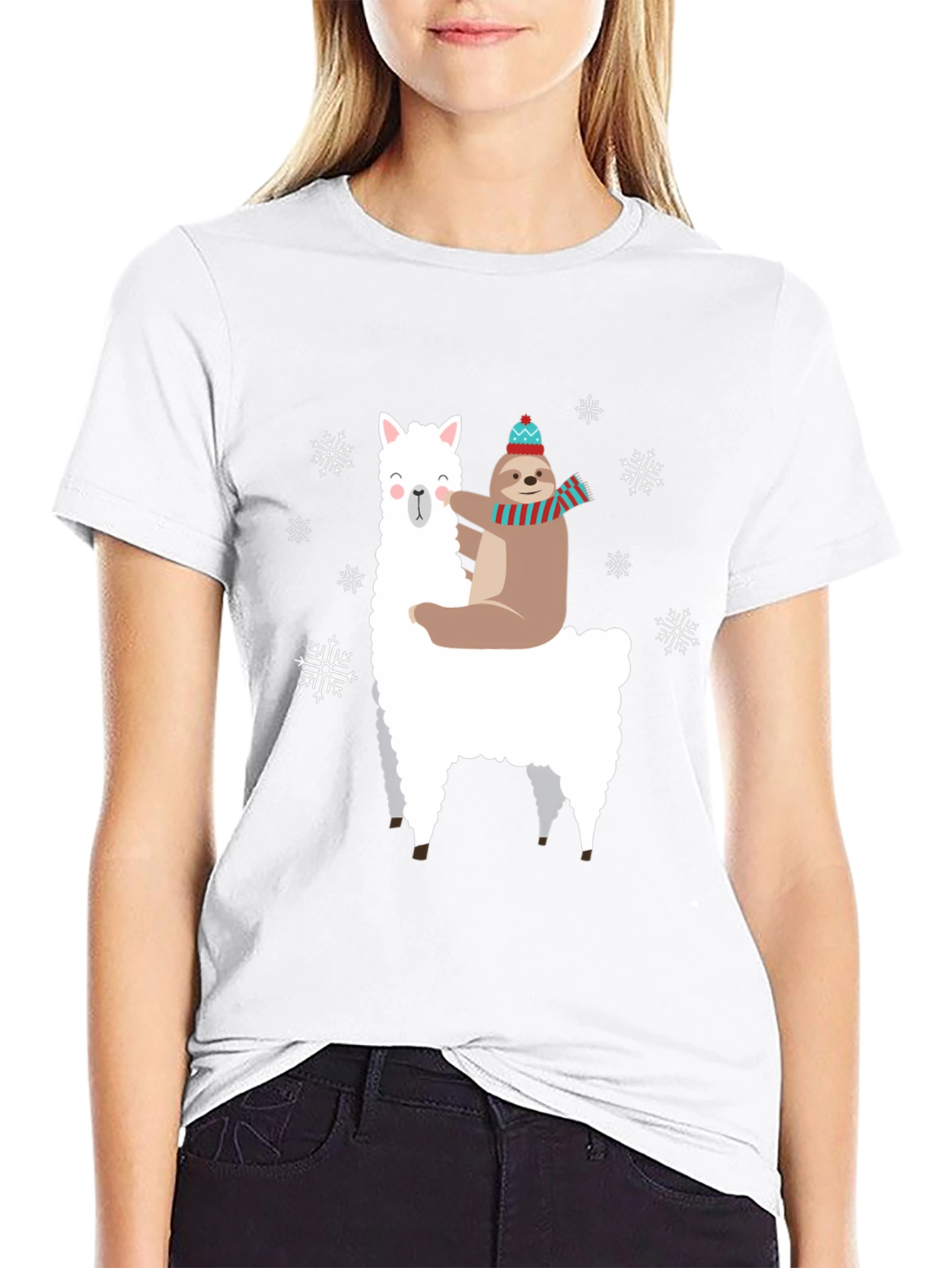 Llama Sloth Snowflake Black Graphic Tee