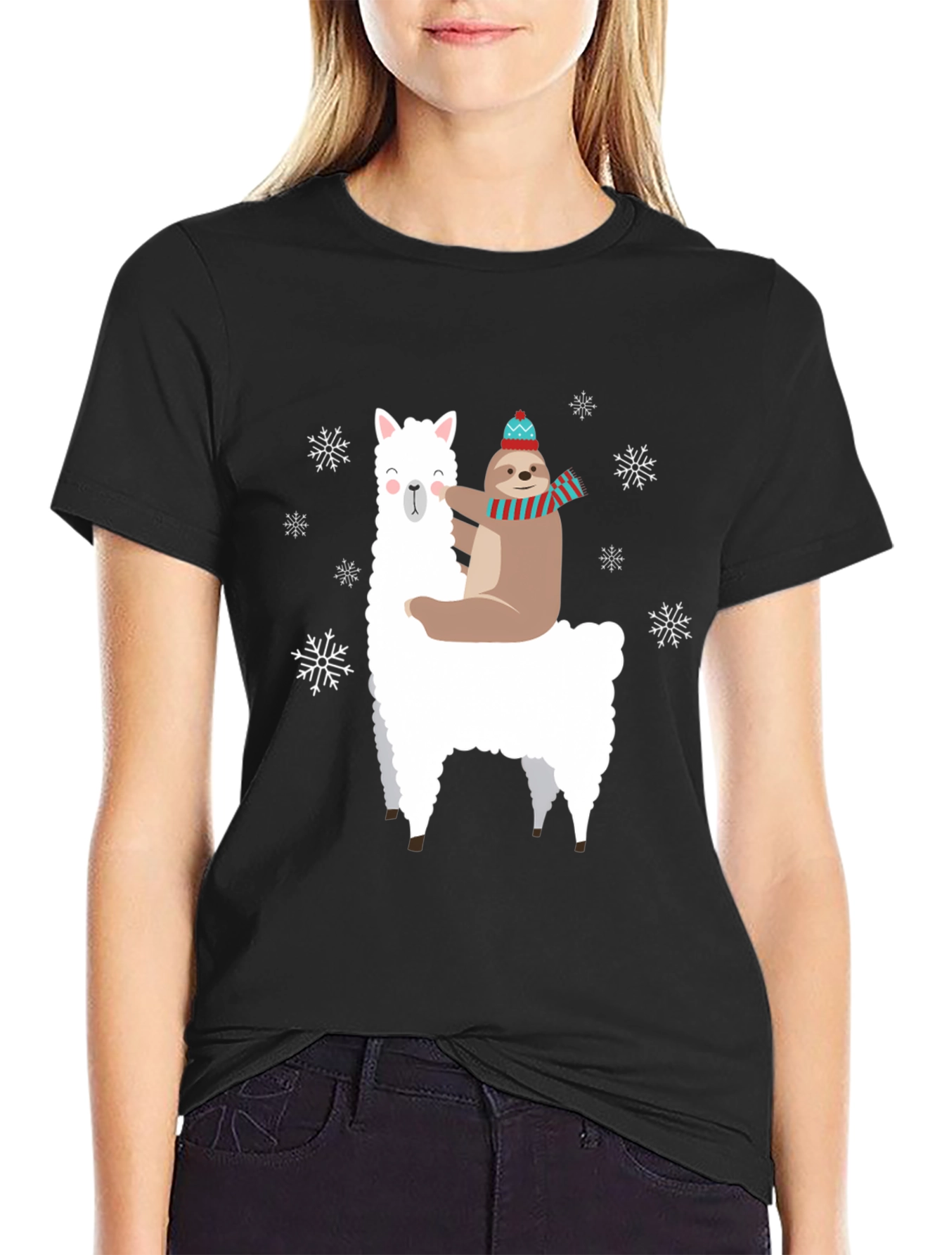 Llama Sloth Snowflake Black Graphic Tee