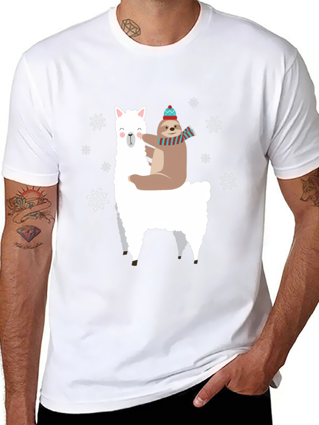 Llama Sloth Snowflake Black Graphic Tee
